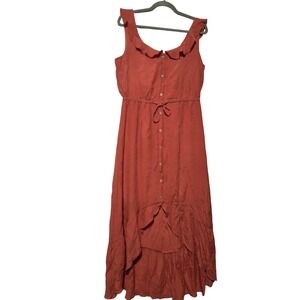 Luxology Rust Orange Button Front Ruffle Neck High Low Maxi Dress M Boho